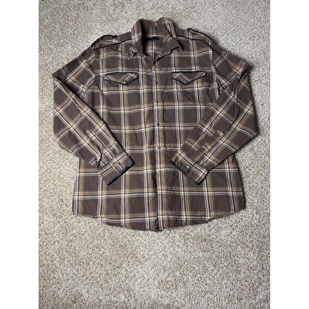 Smash Mens Brown Plaid Western Button Down Shirt Long Sleeve Studded Embroidered